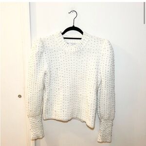 Zara perl sweater, crewneck, puff shoulders, white, size small